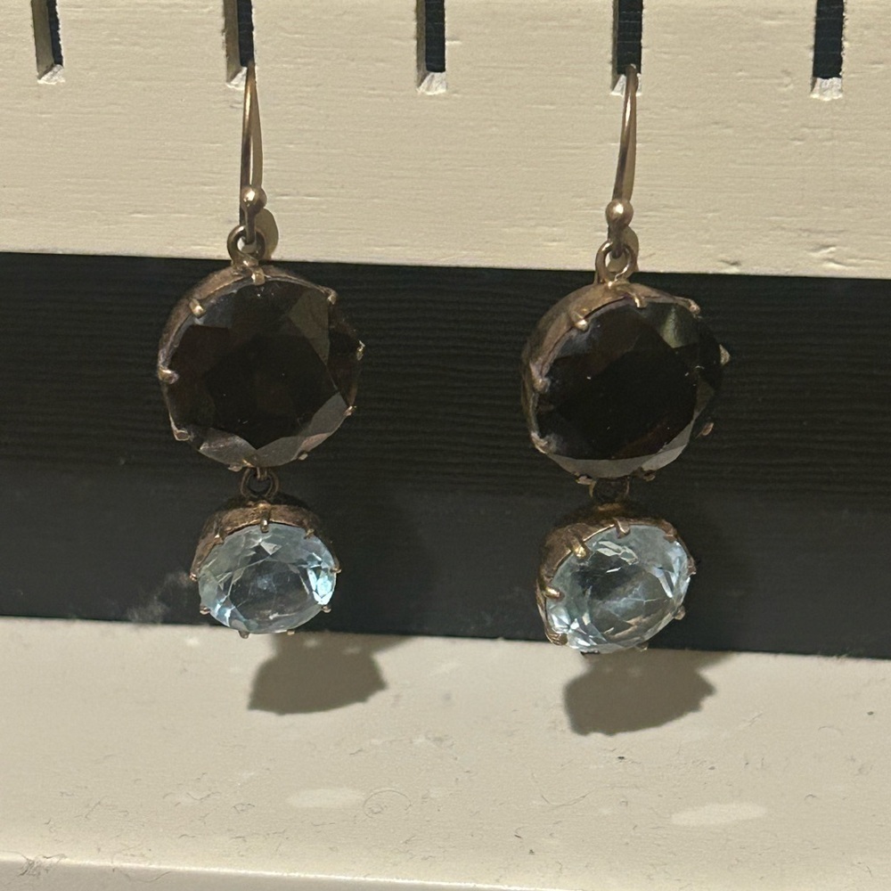 Vintage Gold Drop Earrings with Brown and Light Blue Stones